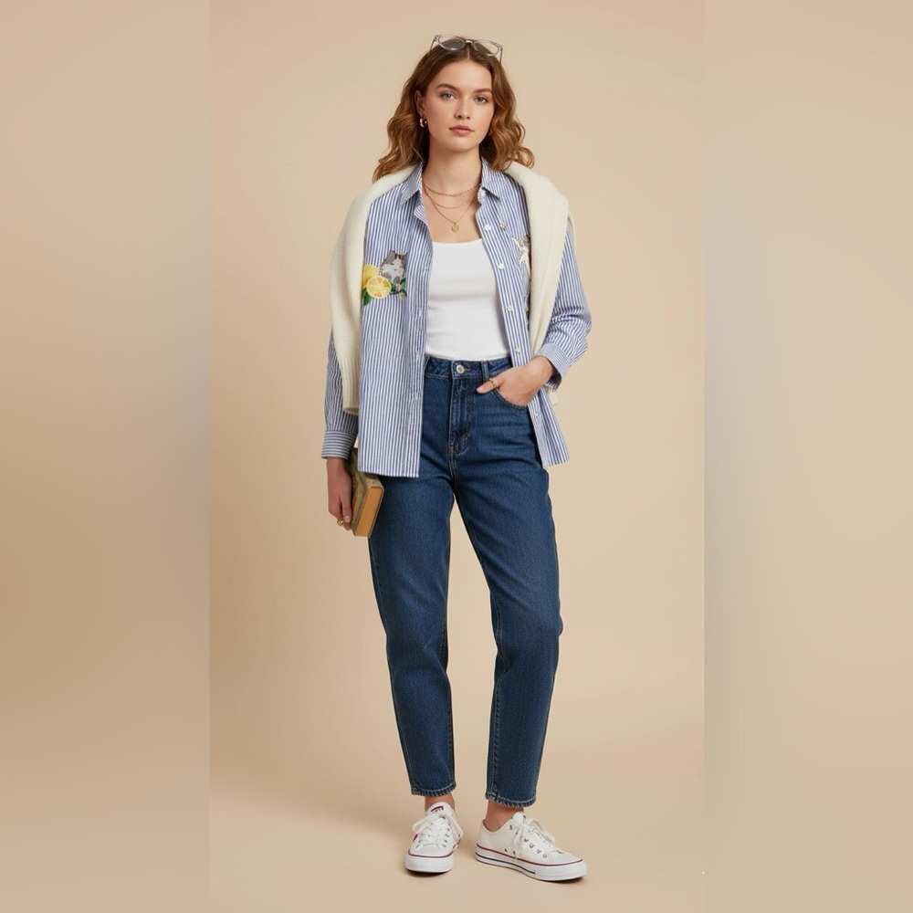 Upcycle Project Miss Patina Cat Embroidery Patche Button-Up Shirt